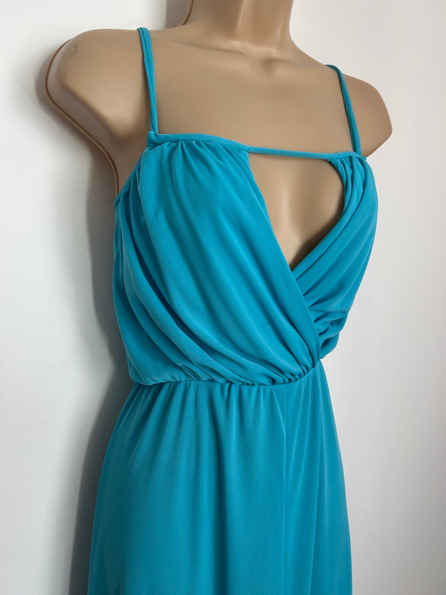 Vintage 1970s Size 12-14 MR DARREN Turquoise Cut Out Panel Strappy Summer Occasion Maxi Dress