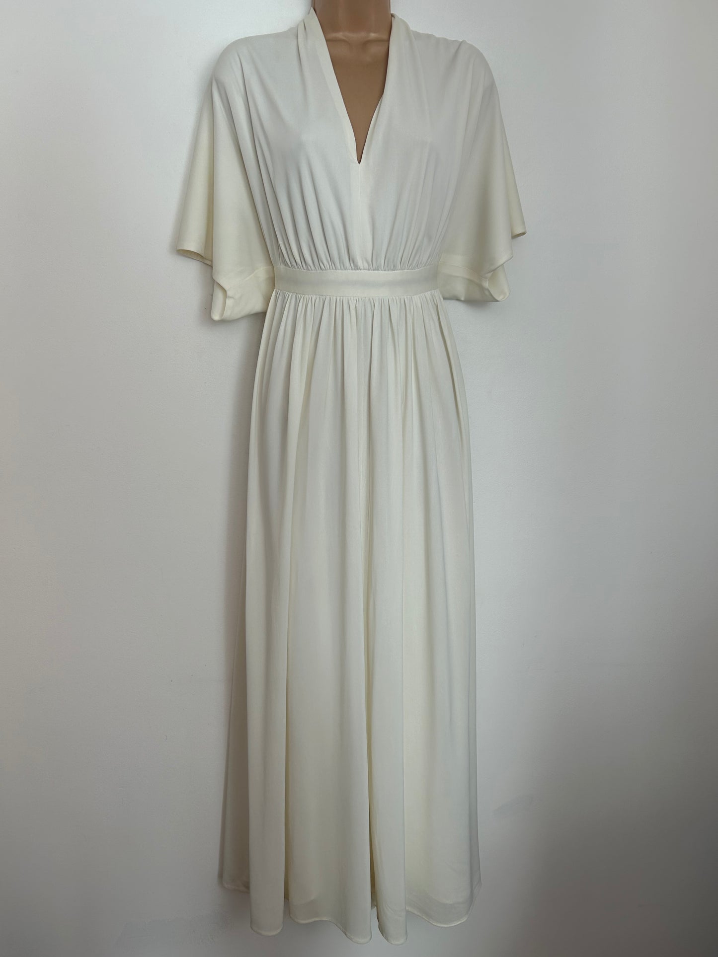 Vintage 1970s FRANK USHER LONDON UK Size 10 Ivory Short Flared Sleeve Occasion Summer Maxi Dress