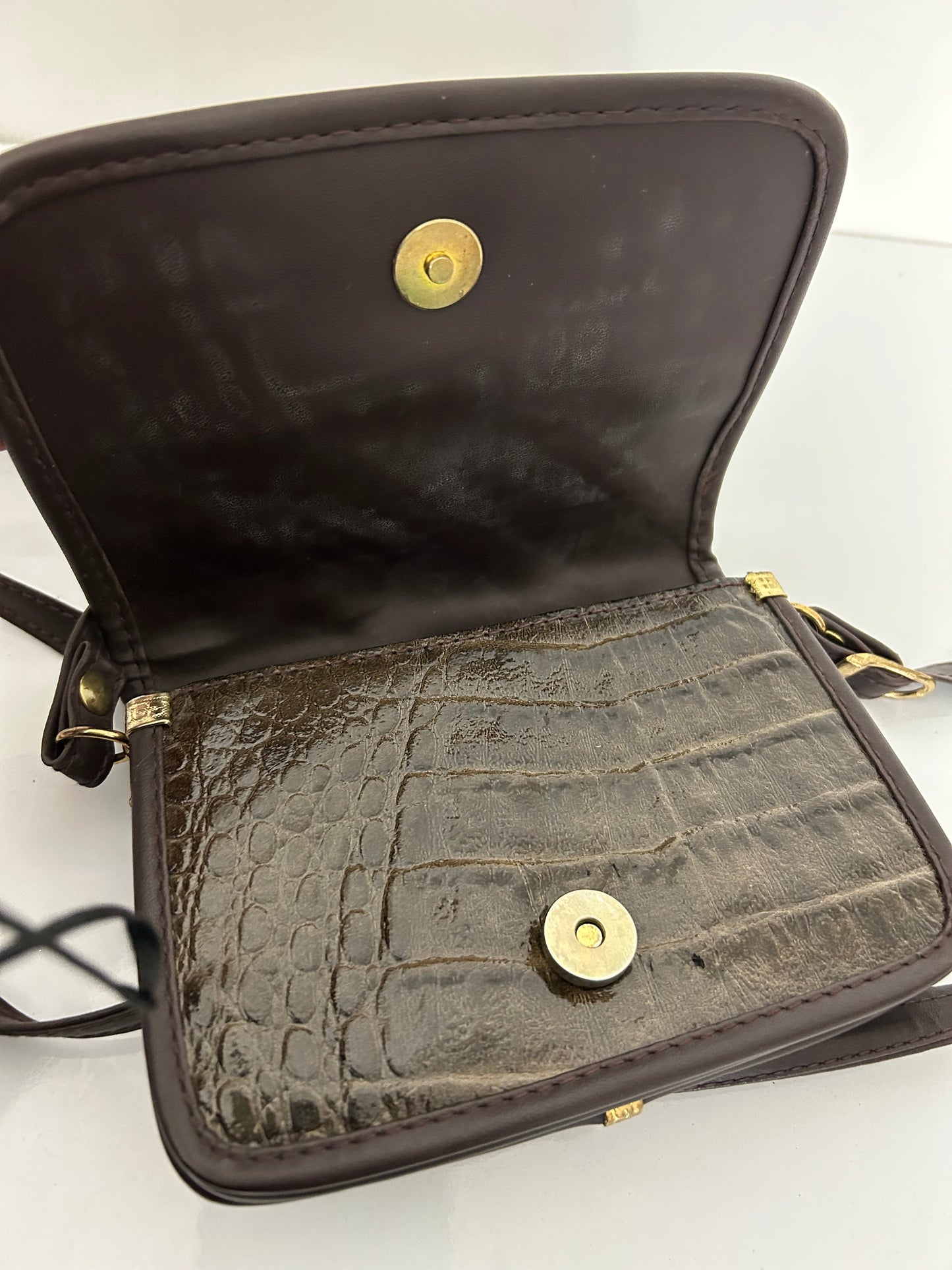 Vintage 1980s Brown Faux Reptile Leather Small Cross Body Handbag