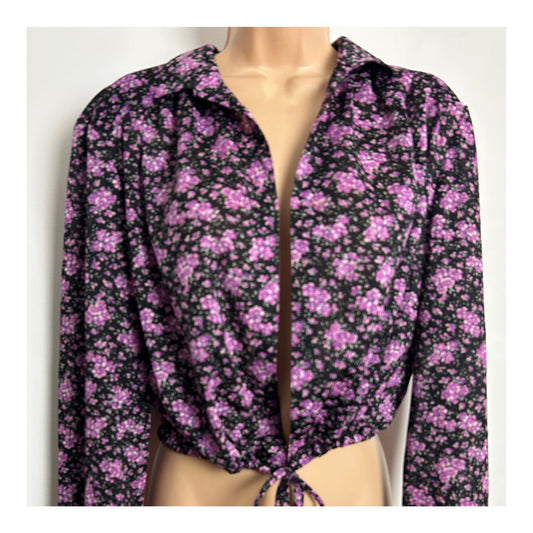 Vintage 1980s Size 14-16 Black & Dark Pink Tones Floral Print Long Sleeve Tie Waist Cropped Blouse Top