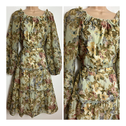 Vintage 1970s Size 12 Beige Brown & Dark Pink Floral Print Cotton Mix Belted Long Sleeve Midi Dress