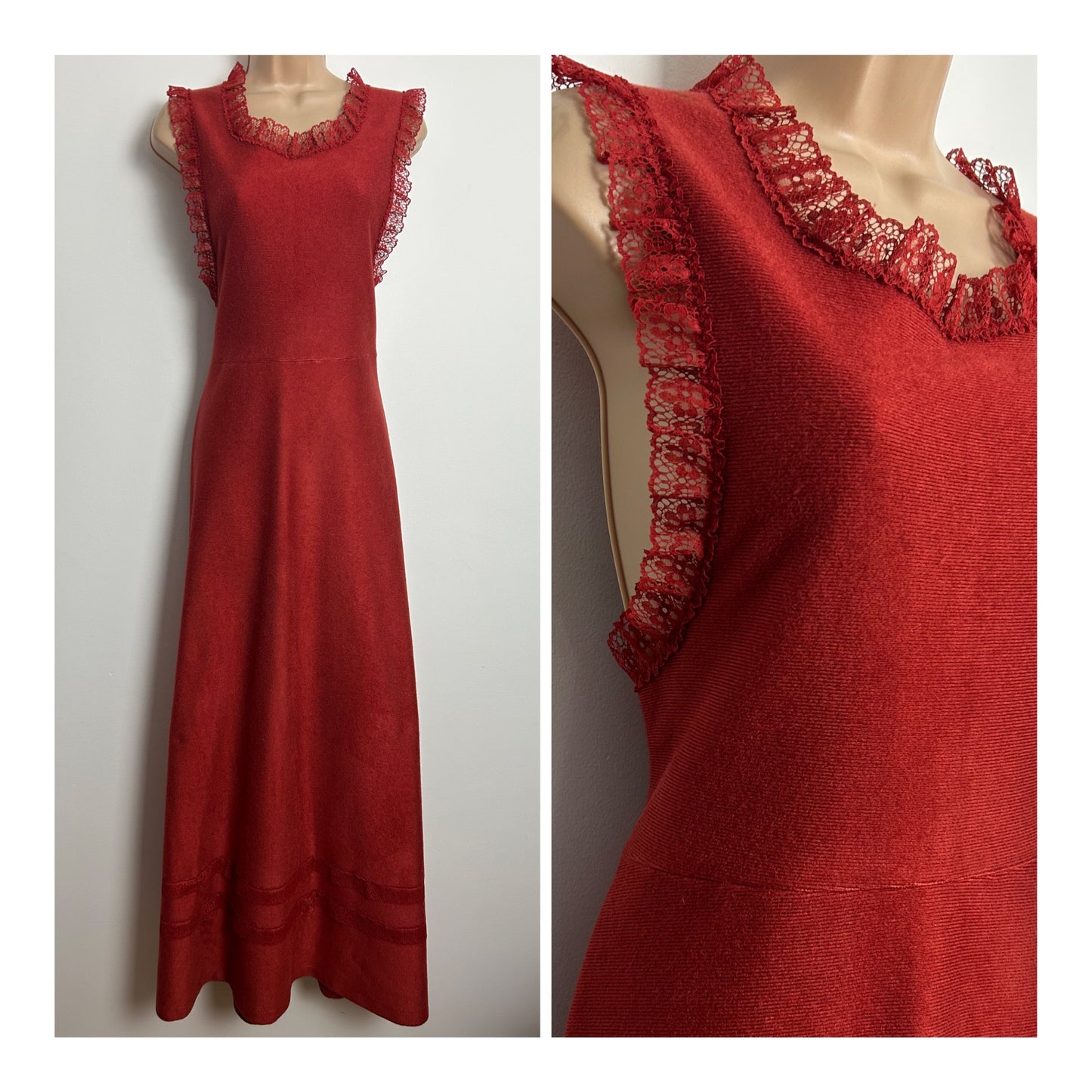 Vintage 1970s ST MICHAEL Size 10 Terracotta Lace Trim Open Side Maxi Dress
