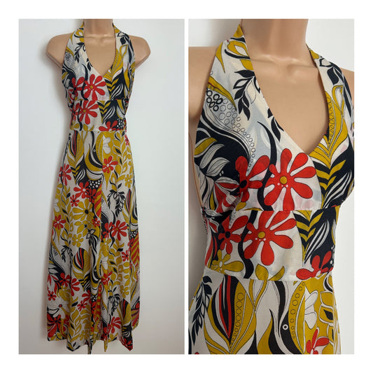 Vintage 1970s Size 8 White Black Red & Mustard Yellow Floral Print Halterneck Summer Maxi Dress