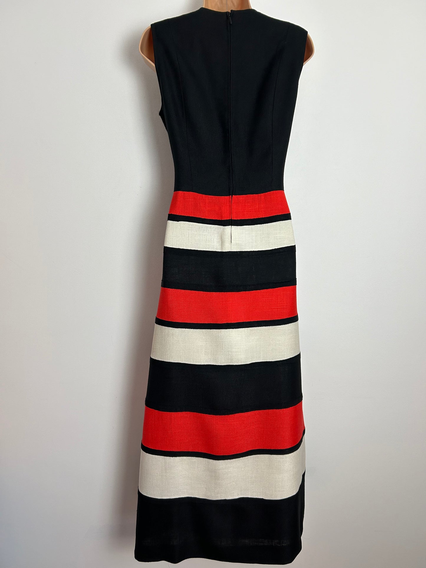 Vintage 1960s DIETER GERHARD UK Size 12 Black Red & Cream Stripe Pattern Sleeveless Occasion Column Maxi Dress