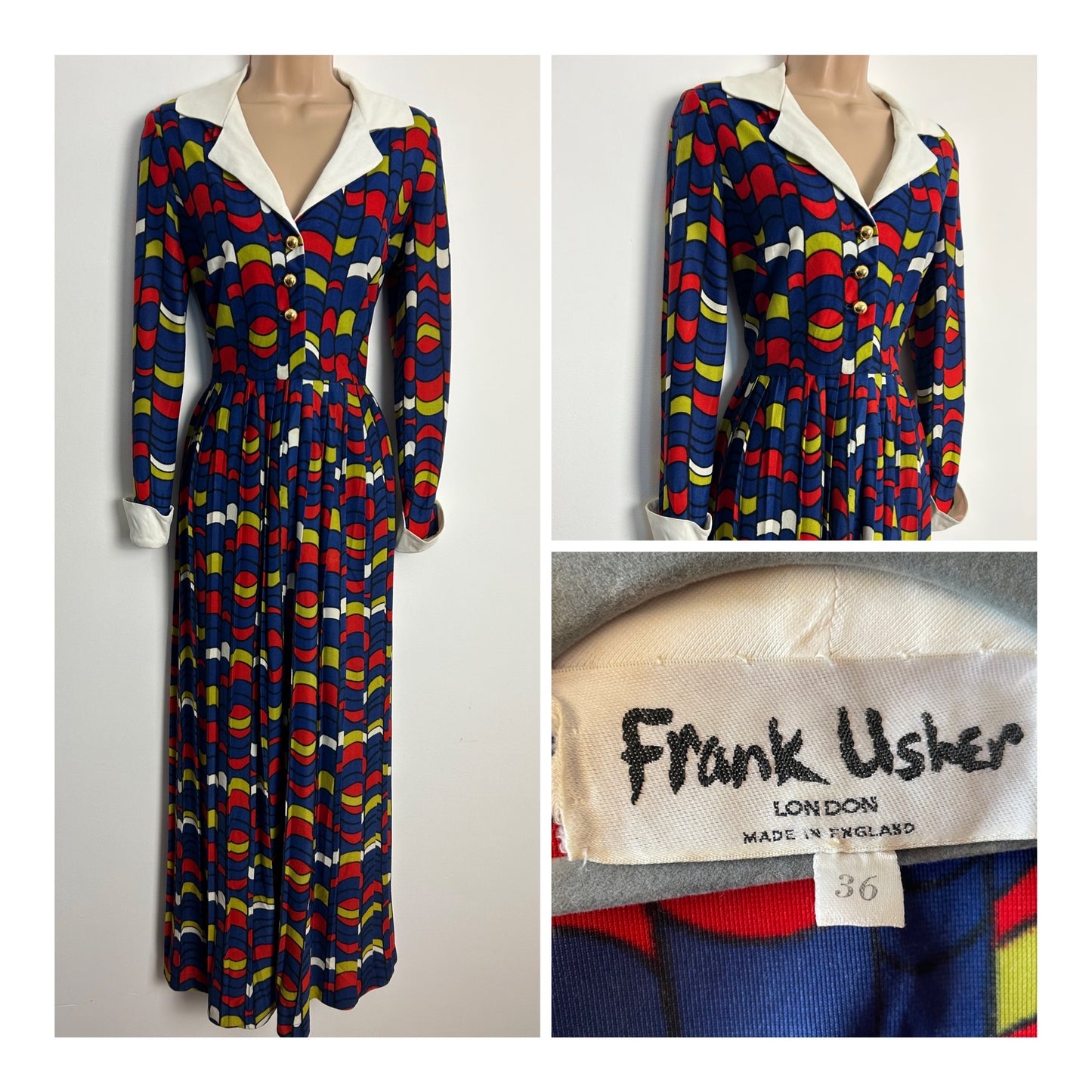 Vintage Early 1970s FRANK USHER UK Size 10 Blue Red & Green Abstract Print Long Sleeve Pleated Maxi Dress