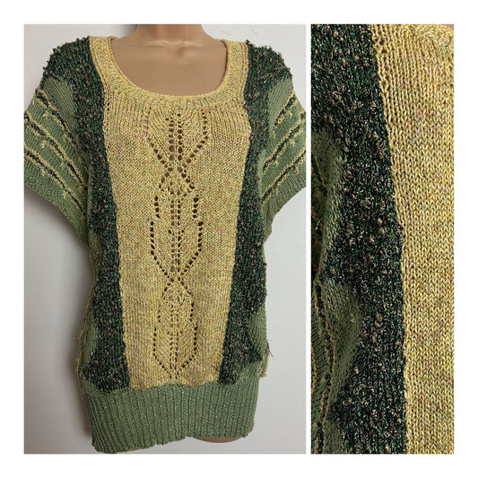 Vintage 1980s Up To Size 14-16 Green & Beige Metallic Thread Short Sleeve Slouchy Jumper