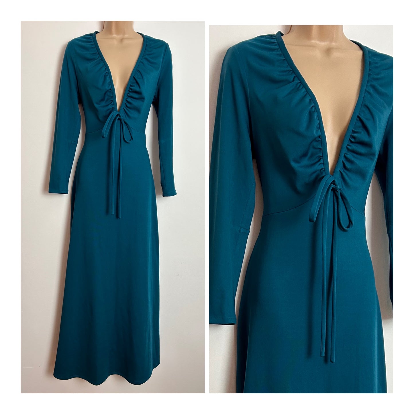 Vintage 1970s Approx UK Size 10-12 Teal Long Sleeve Plunge Neck Bow Detail Long Sleeve Boho Maxi Dress by Devonshire Lady