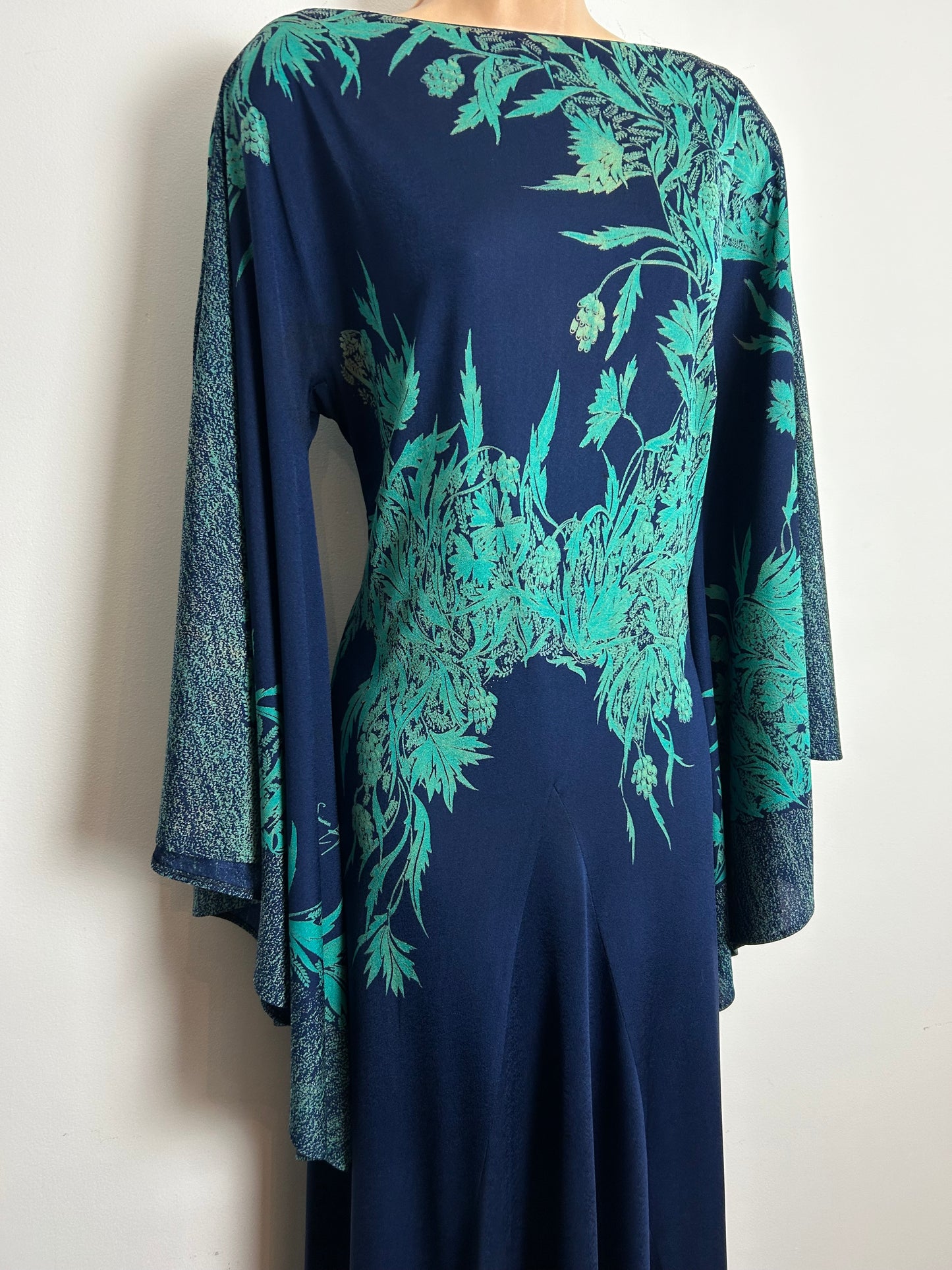 Vintage 1970s RARE PRINCESS RAYOUTI Made In Italy Size 12 Navy Blue & Green Tones Very Wide Sleeve Boho Maxi Dress