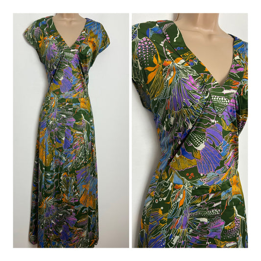 Vintage 1970s Size 12 Dark Green Orange & Pink Abstract Leaf Print Cap Sleeve Maxi Dress