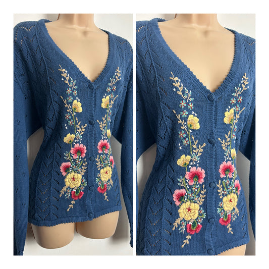Vintage Labelled 1990 SUSAN BRISTOL Size M (12-14) Blue Hand Embroidered Cottage Core Cardigan