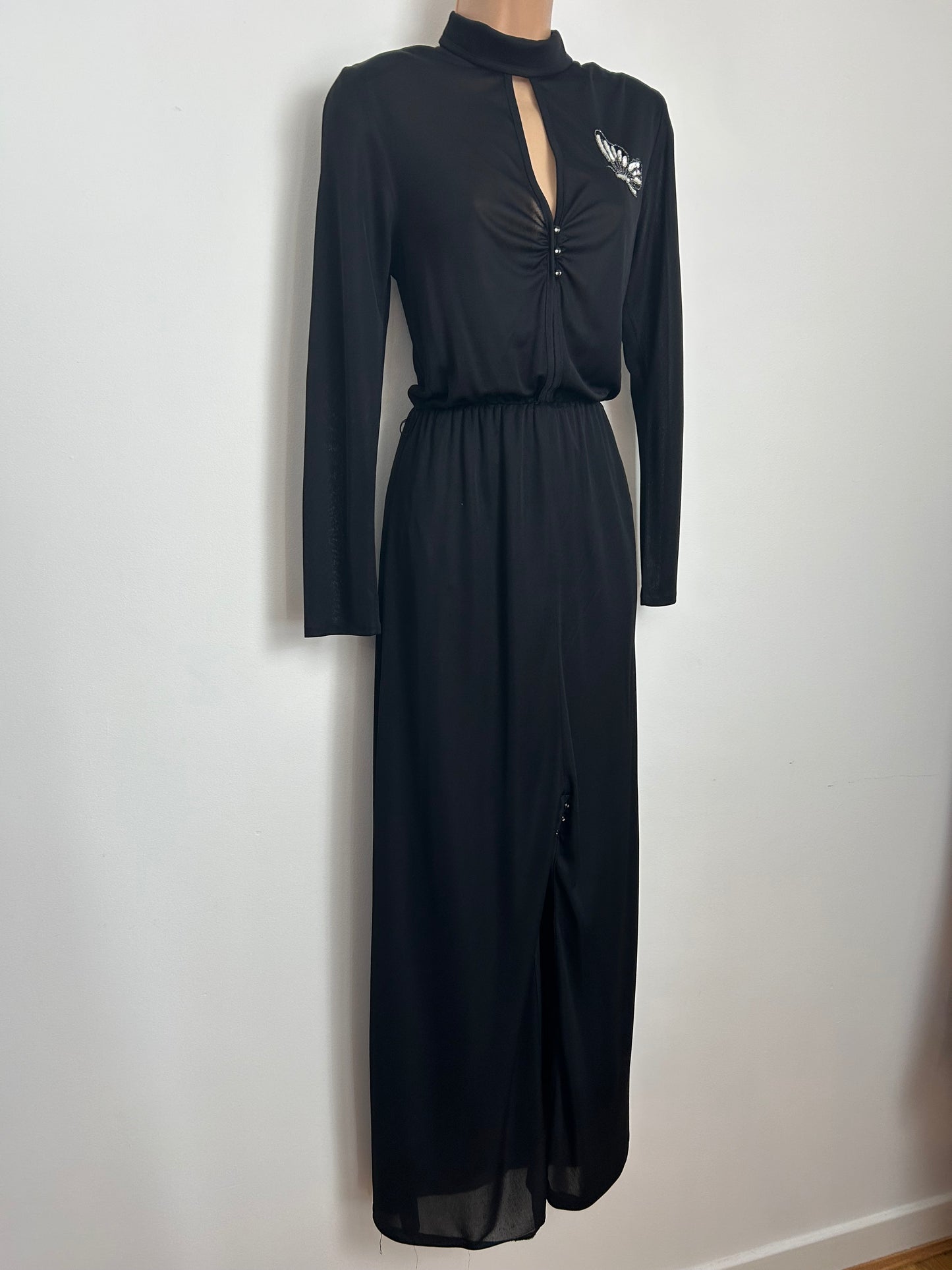 Vintage Late 1970s MARIA KROLL Size 8-10 Black Long Sleeve Silver Sequin Butterfly Detail Evening Dress