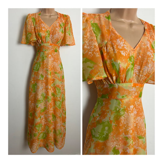 Vintage 1970s AURELIA PARIS Size 8 Orange Green & White Floral Print Chiffon Boho Maxi Dress