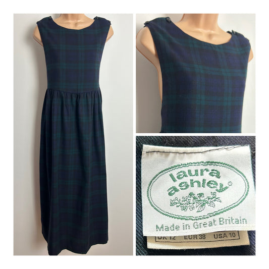 Vintage 1980s LAURA ASHLEY Size 12 Black Navy & Dark Green Tartan Check Wool Mix Open Side Pinafore Dress