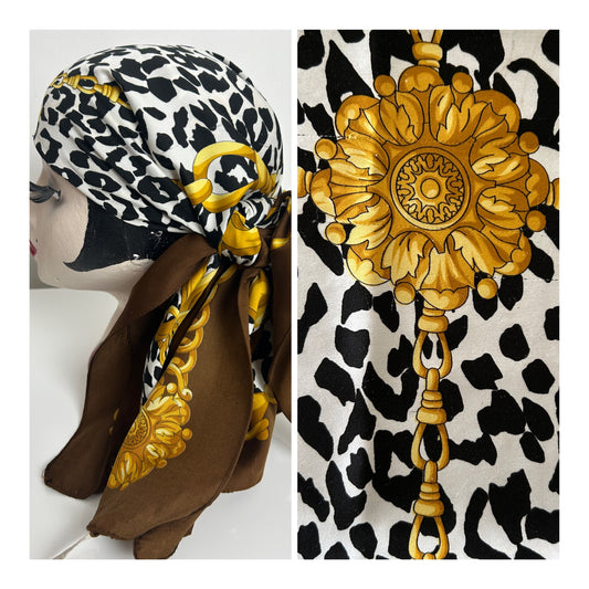 Vintage Made In Italy Brown Black White & Gold Leopard Animal & Chain Print Scarf 88cm x 90cm