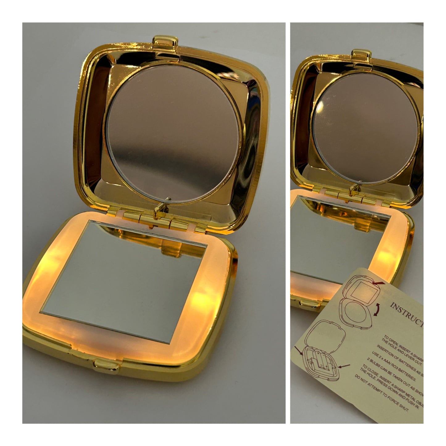 Vintage Gold Tone Ridged Detail Illuminated Pocket Mirror VGC