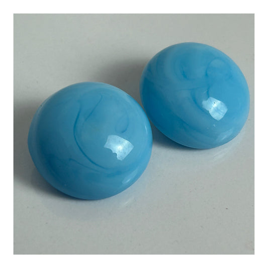 Vintage 1960s Blue Milk Glass Round Clip On Earrings