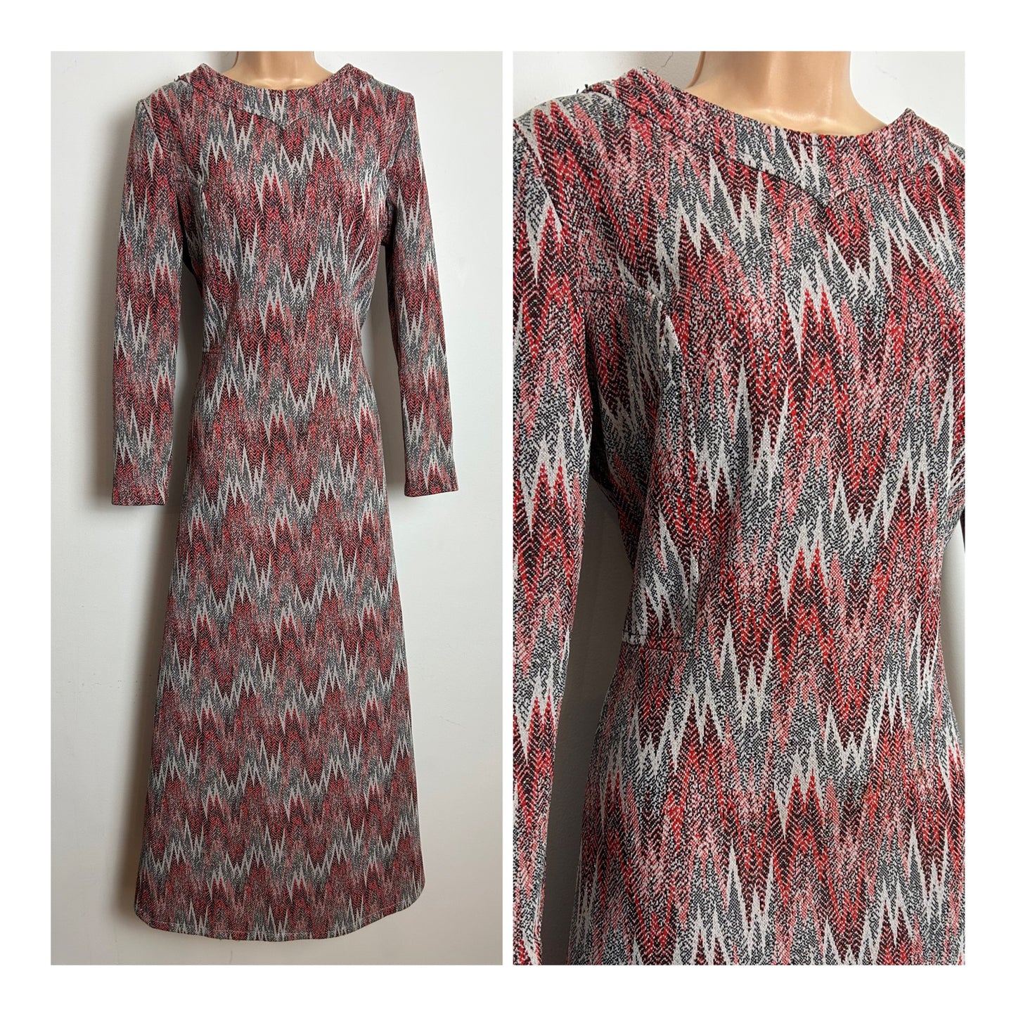 Vintage 1970s Size 12 Red Black & Beige Zig Zag Print Lurex Long Sleeve Occasion Evening Maxi Dress