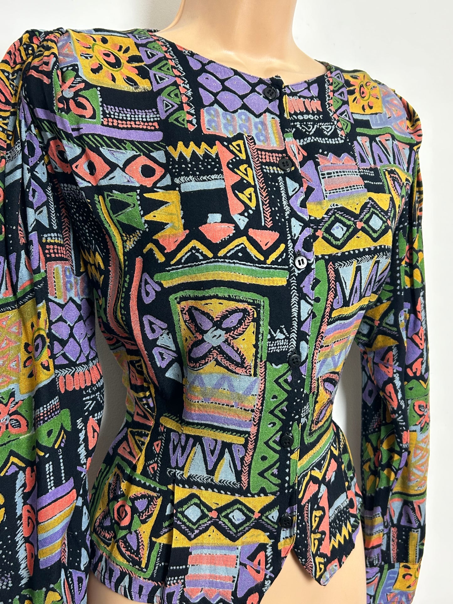 Vintage 1980s NEW FASHION Size 12 Black Multicolour Abstract Print Rayon Blouse