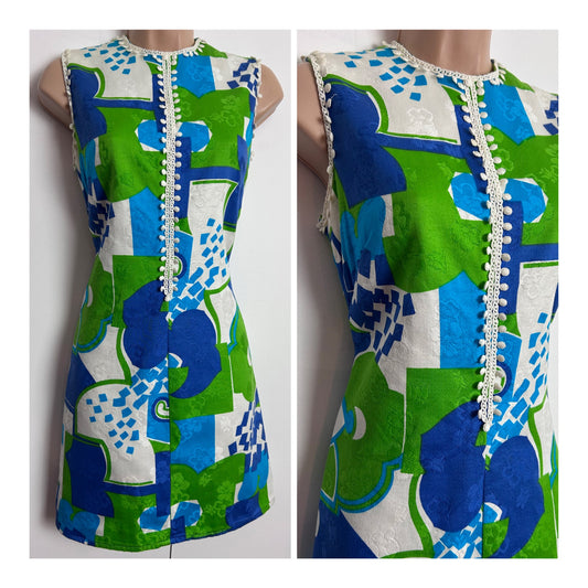 Vintage 1960s MIDGE GRANT UK Size 8 Green Blue & White Abstract Print Lace Trim Mini Mod Shift Dress