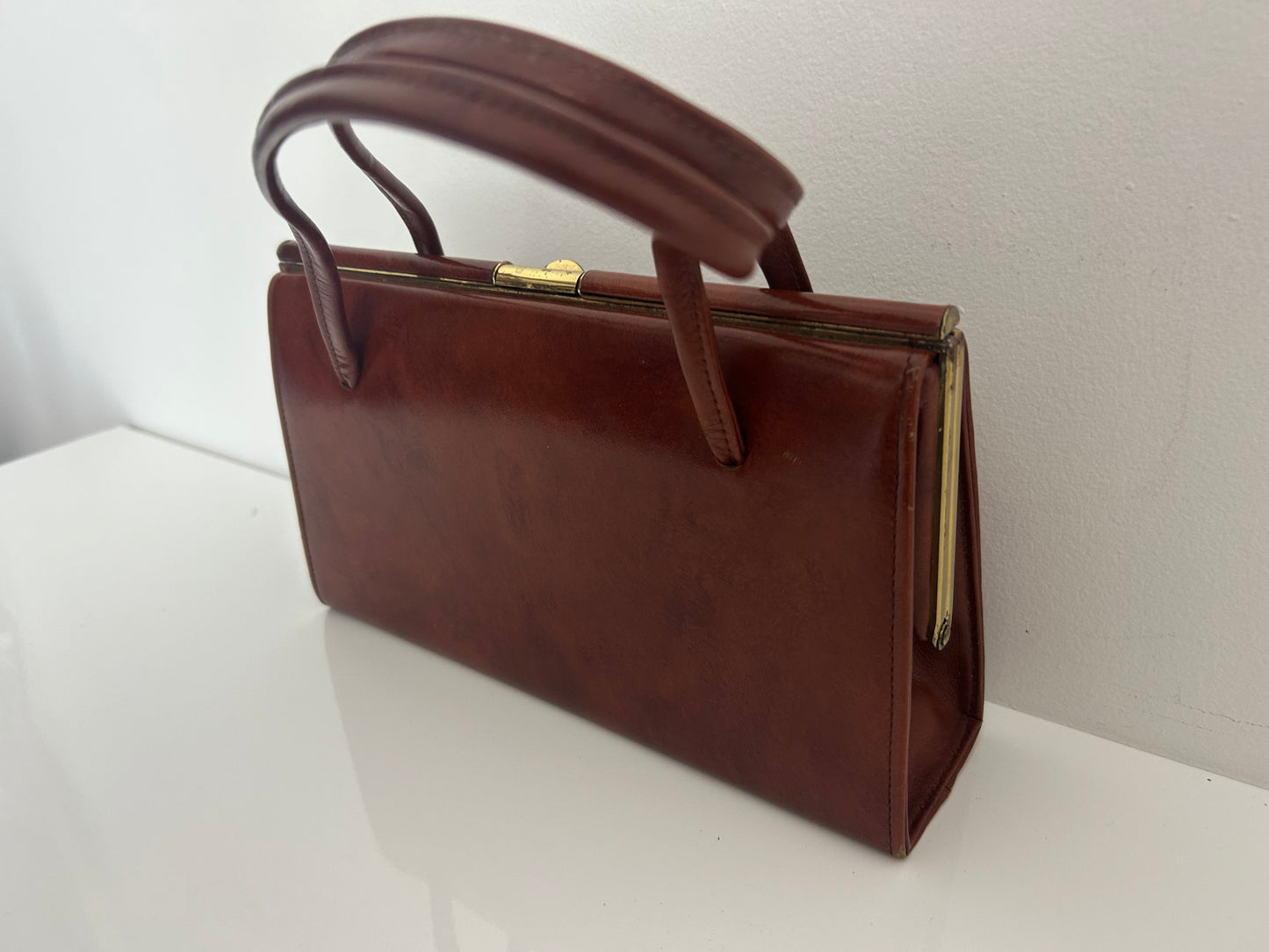 Vintage Early 1960s JONELLE Small Chestnut Brown Real Leather Kelly Style Handbag