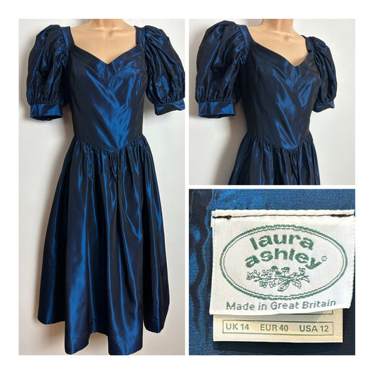 Vintage 1980s LAURA ASHLEY Size 10 (14 On Label) Midnight Blue Taffeta Xmas Party Ballgown