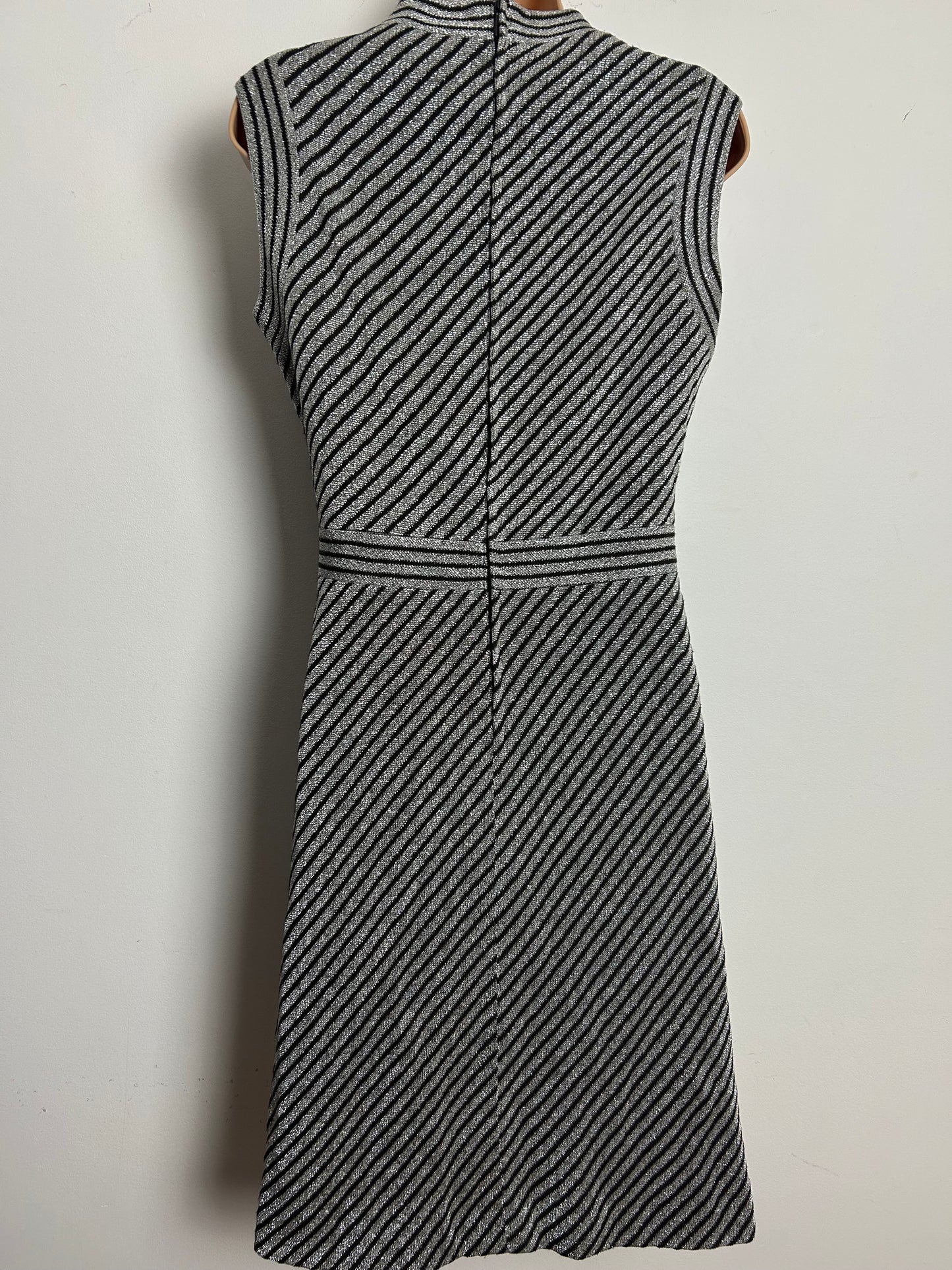 Vintage 1960s Size 12 Silver & Brown Lurex Stripe Bow Detail Mod Party Dress