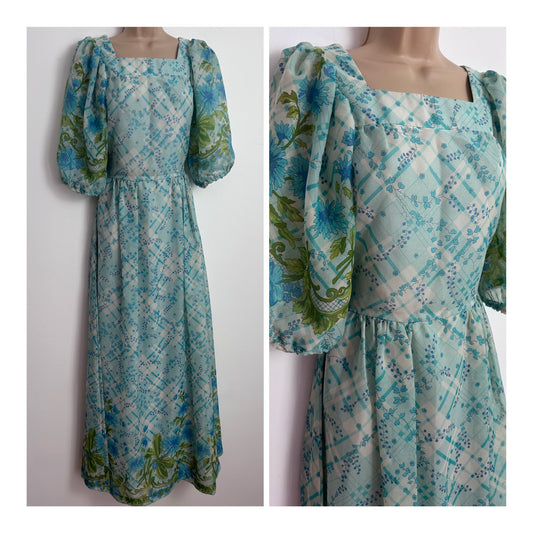 Vintage 1970s Size 6 Pretty Blue & Green Tones Check & Floral Print Tie Back Boho Maxi Dress