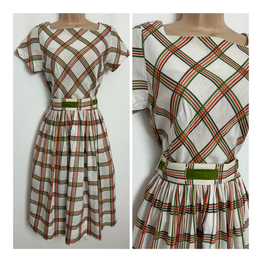 Vintage 1950s CAROL RODGERS Size 8-10 White Green & Orange Check Print Belted Cotton Day Dress