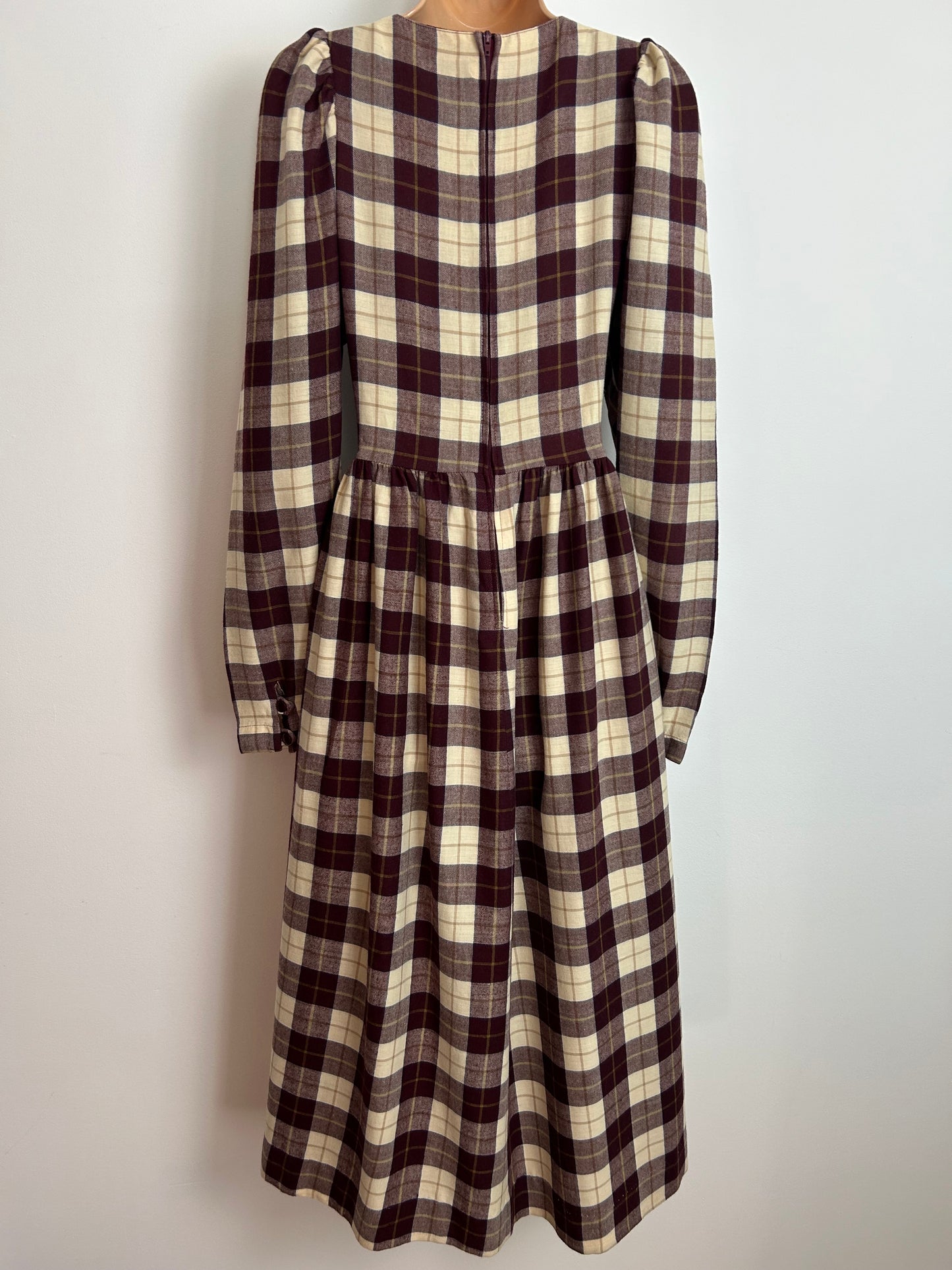 Vintage 1980s LAURA ASHLEY UK Size 10 (Size 12 On The Label) Maroon & Cream Check Print Wool & Cotton Mix Day Dress