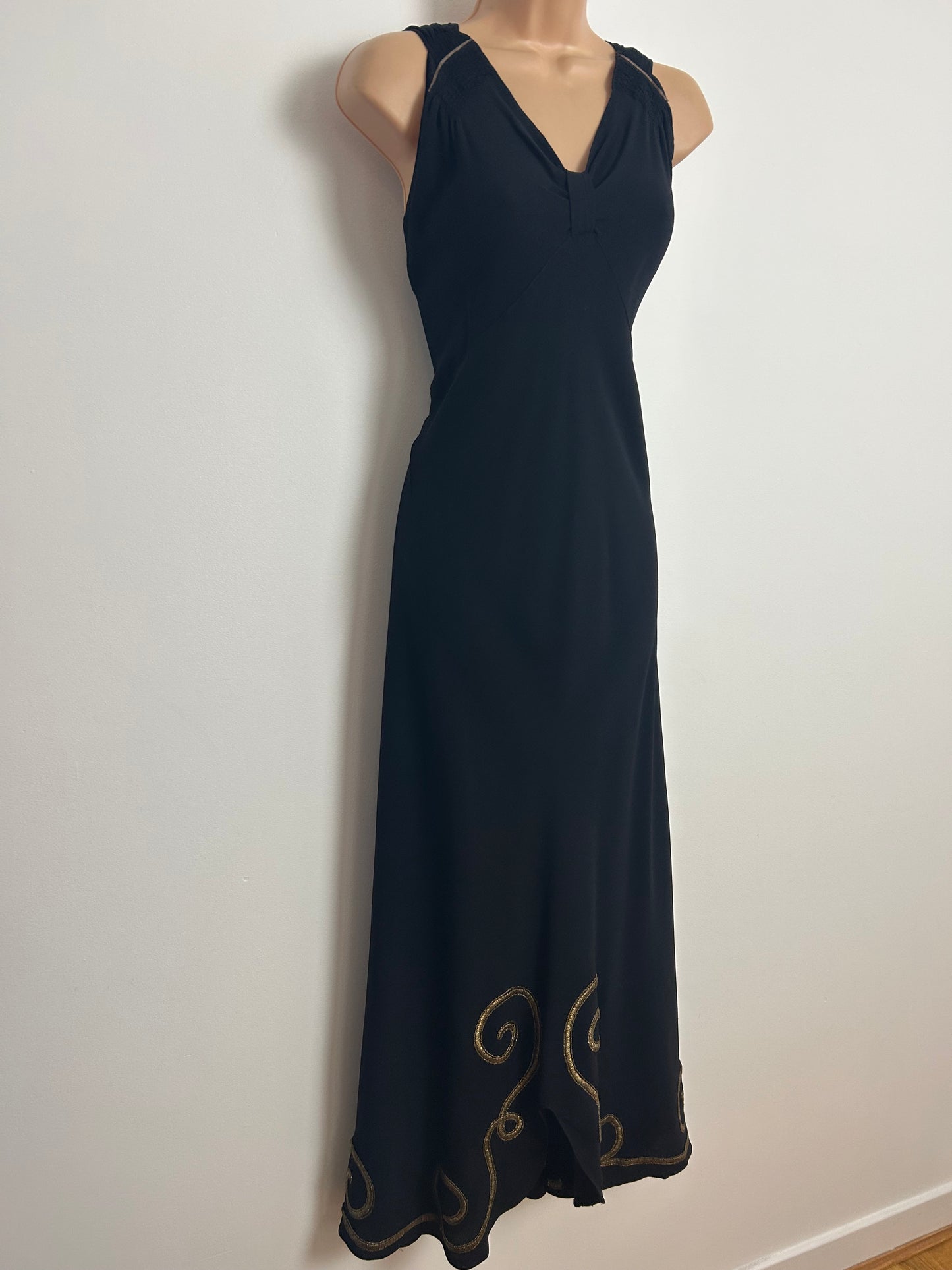 Vintage Original 1940s Size 8 Black Rayon Gold Thread Embroidered Swirl Pattern Occasion Evening Maxi Dress