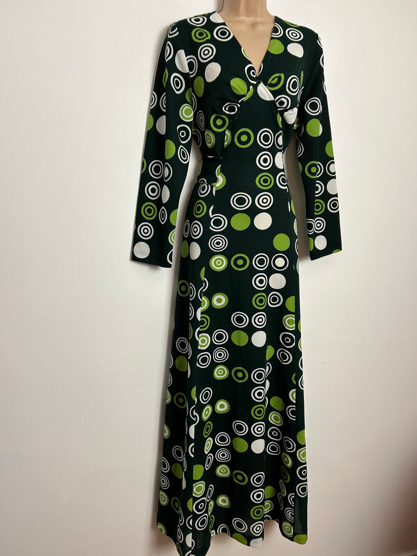 Vintage 1970s UK Size 14 Green & White Circle Print Long Sleeve Tie Back Boho Maxi Dress