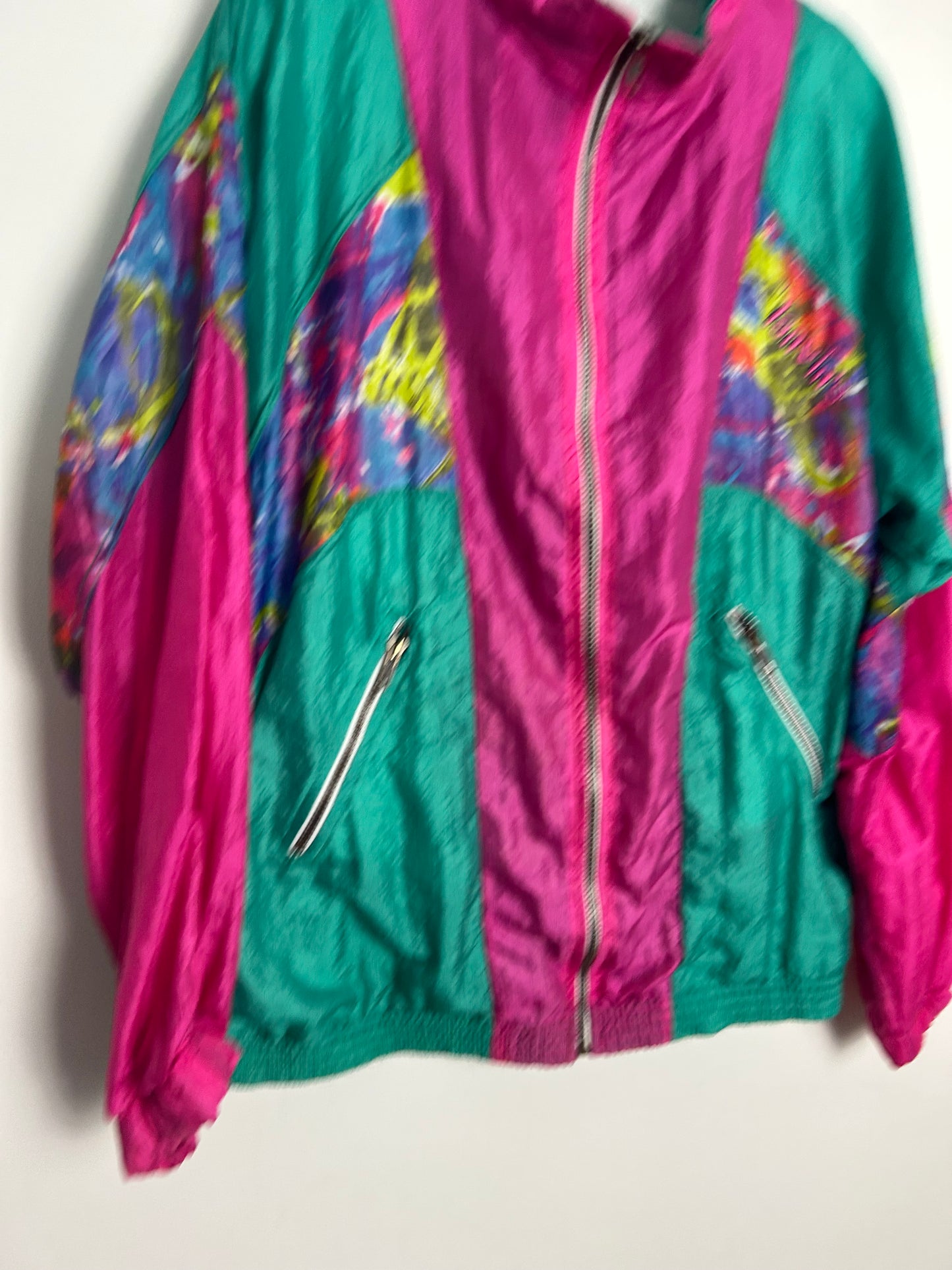 Vintage 1980s Up To Size 14/16 LANVIN'S Pink Green Blue Abstract Print Shell Suit Jacket