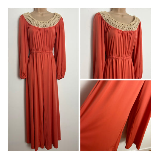 American Vintage 1970s Size 12 Coral Orange Crochet Lace Neck Panel Long Sleeve Wide Leg Palazzo Jumpsuit