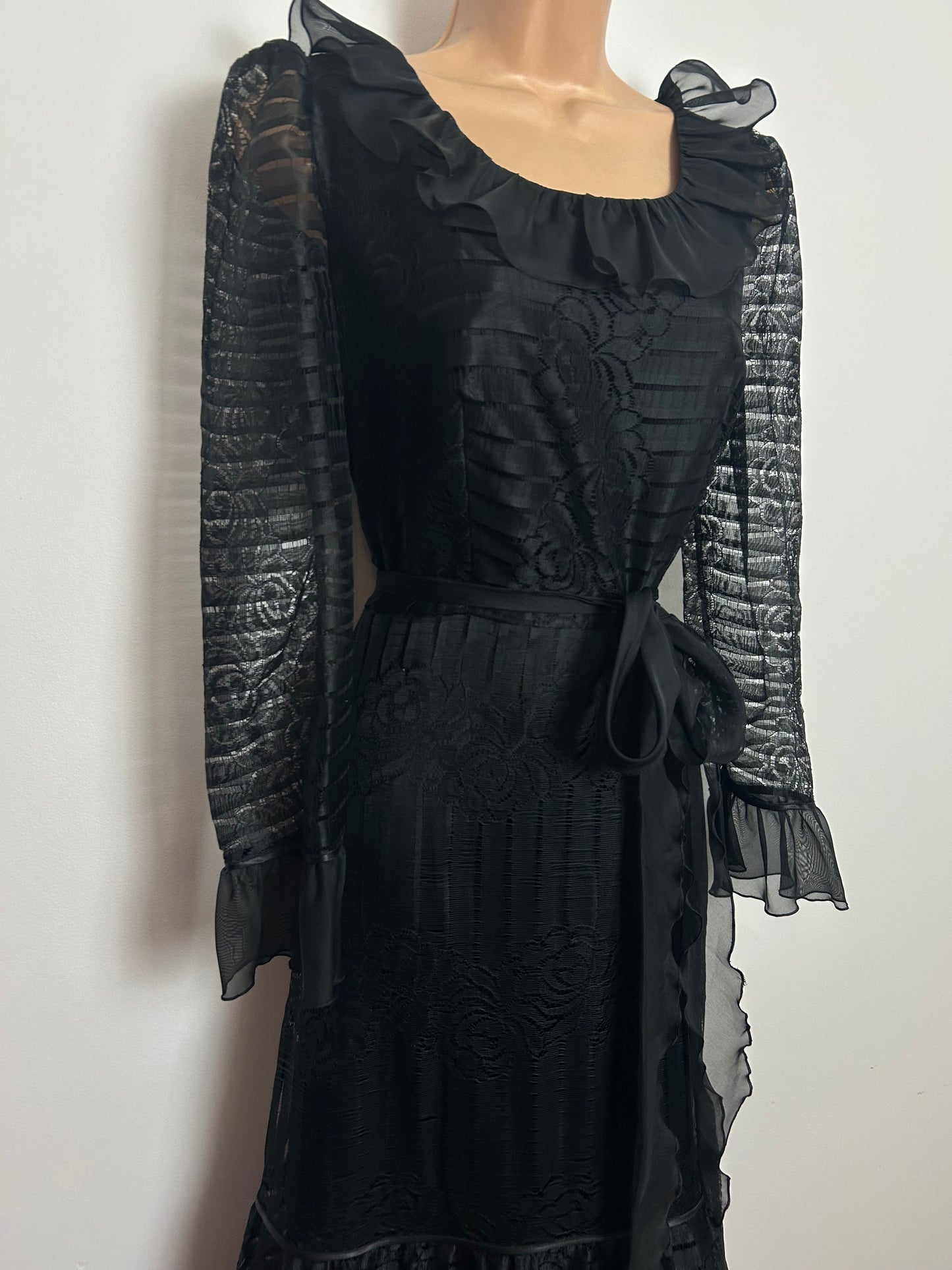 Vintage Early 1980s Size 12 Black Lace Long Sleeve Gothic Vibes Belted Prairie Maxi Dress
