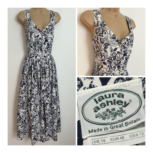 Vintage 1980s LAURA ASHLEY Size 12 (Size 14 On Label) Blue & White Floral Print Cotton Midi Dress