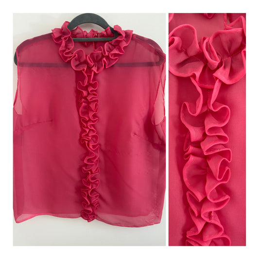 Vintage 1960s Size 14 Candy Pink Sleeveless Ruffle Trim Semi Sheer Lightweight Blouse Top