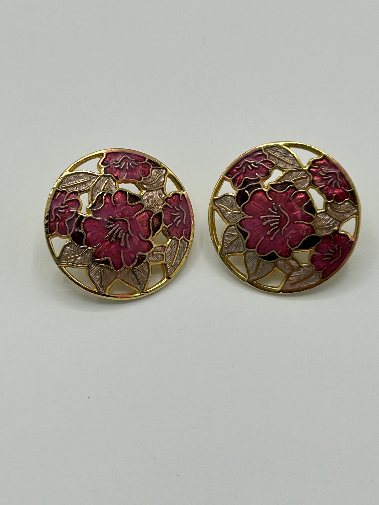 Vintage 1980s FISH Signed Gold Tone & Cloisonne Enamel Cutwork Flower Clips On Earrings