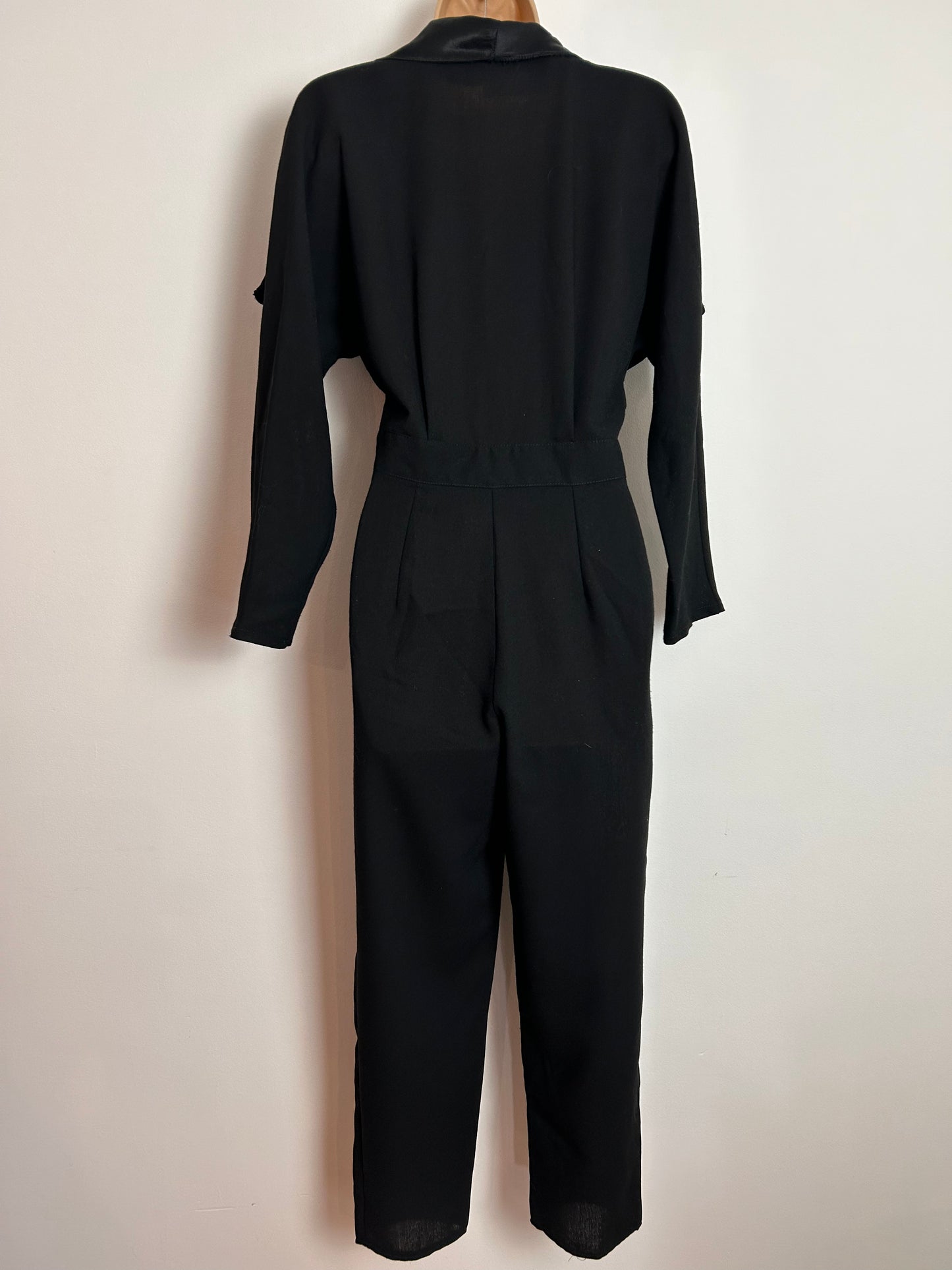 Vintage 1980s UK Size 6-8 SIMON JEFFREY Black Wool Mix Silky Collared Long Sleeve Ankle Grazer Tapered Leg Jumpsuit