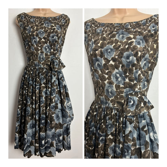 Vintage 1950s RICHARD SHOPS UK Size 8 Brown & Blueish Grey Floral Print Cotton Pleated Rockabilly Prom Dress