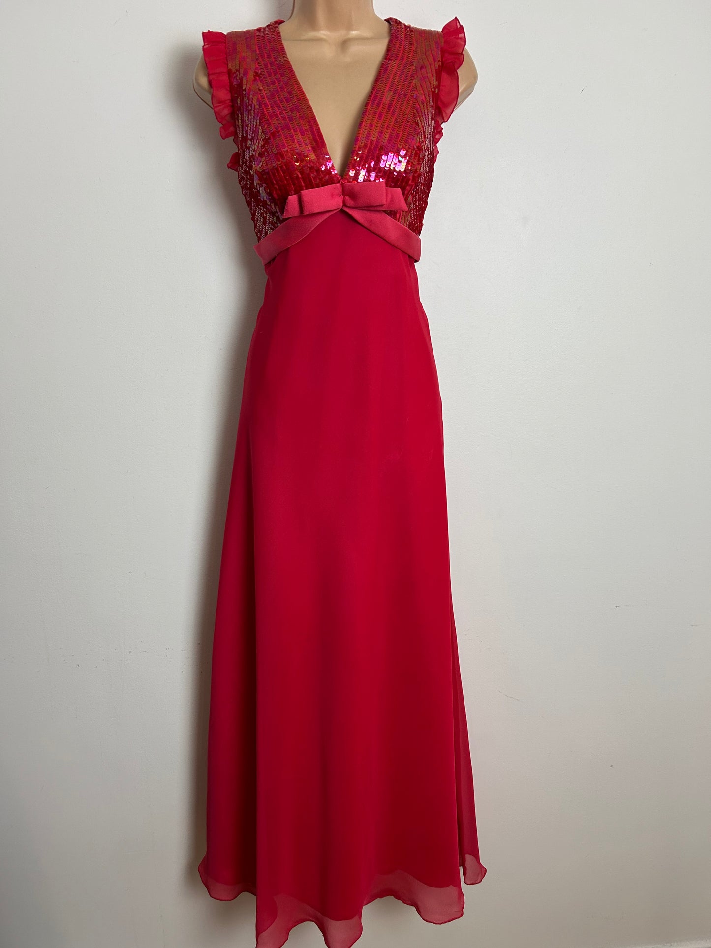 Vintage 1970s RADTKE & RADTKE Size 8 Raspberry Sequin Bodice Bow Detail Xmas Party Occasion Maxi Dress