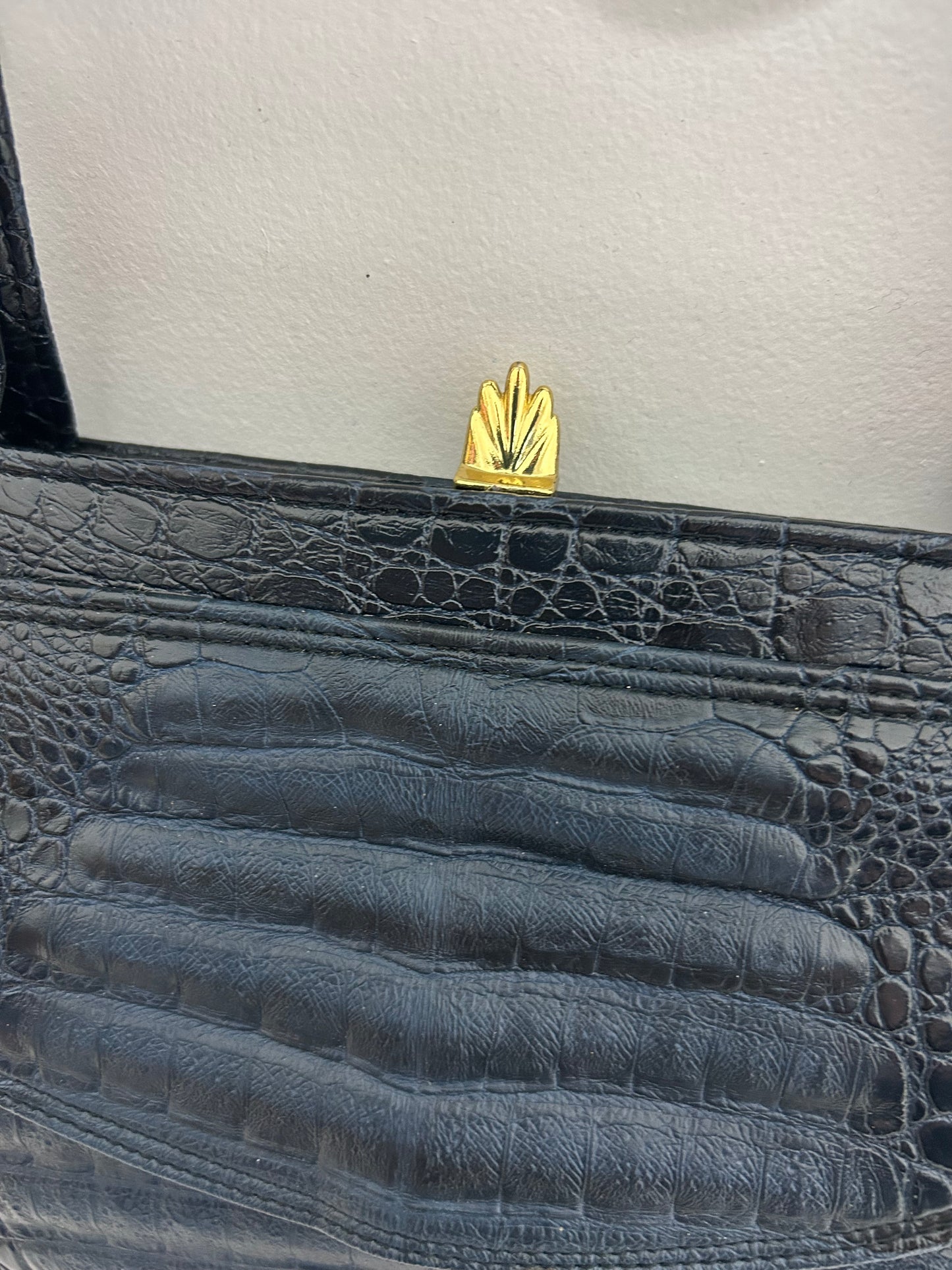 Vintage 1960s Black & Very Dark Blue Mock Croc/Alligator Vinyl Kelly Style Handbag