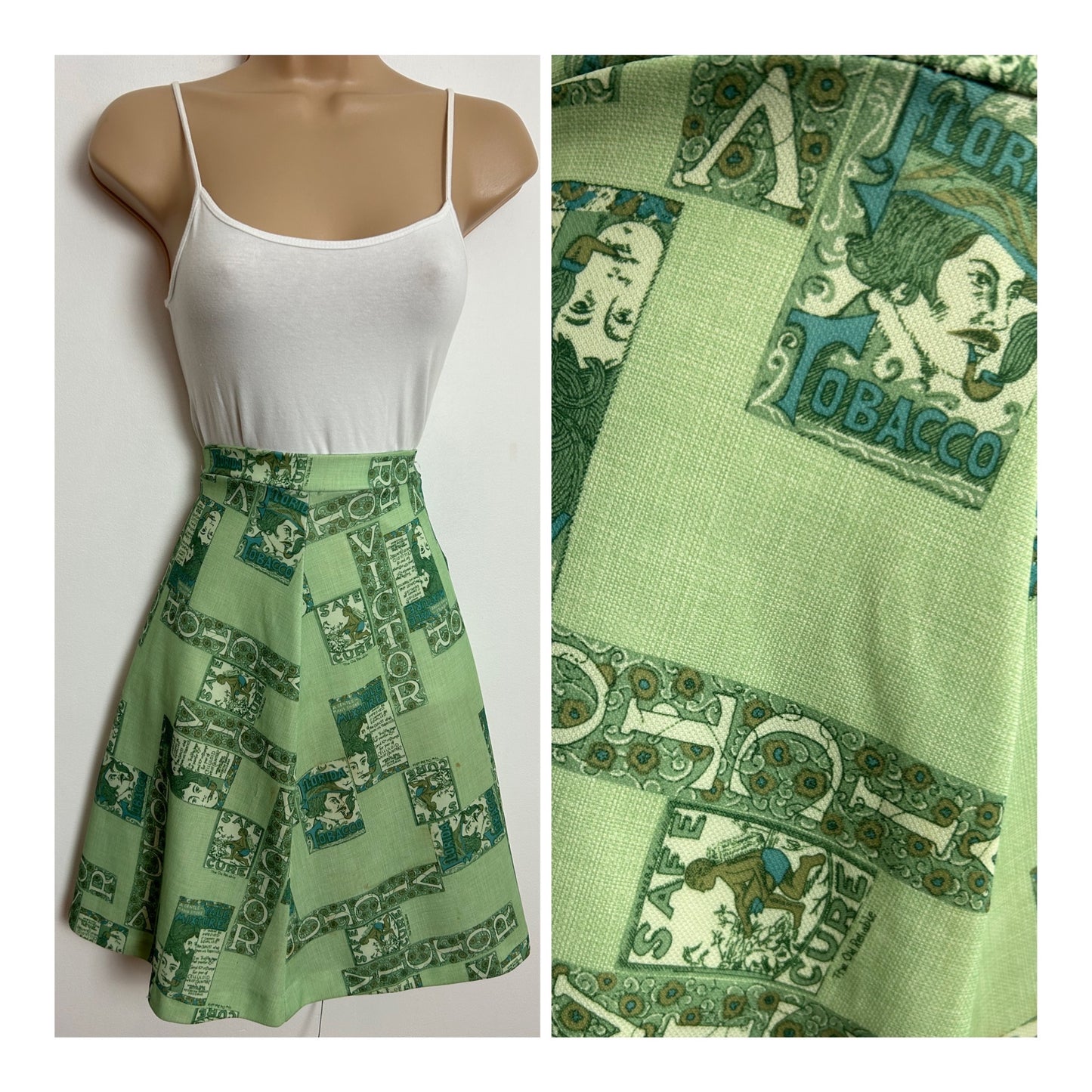 Vintage 1970s UK Size 6 Cute Green Tones American Advertising Novelty Print A-line Flared Skirt