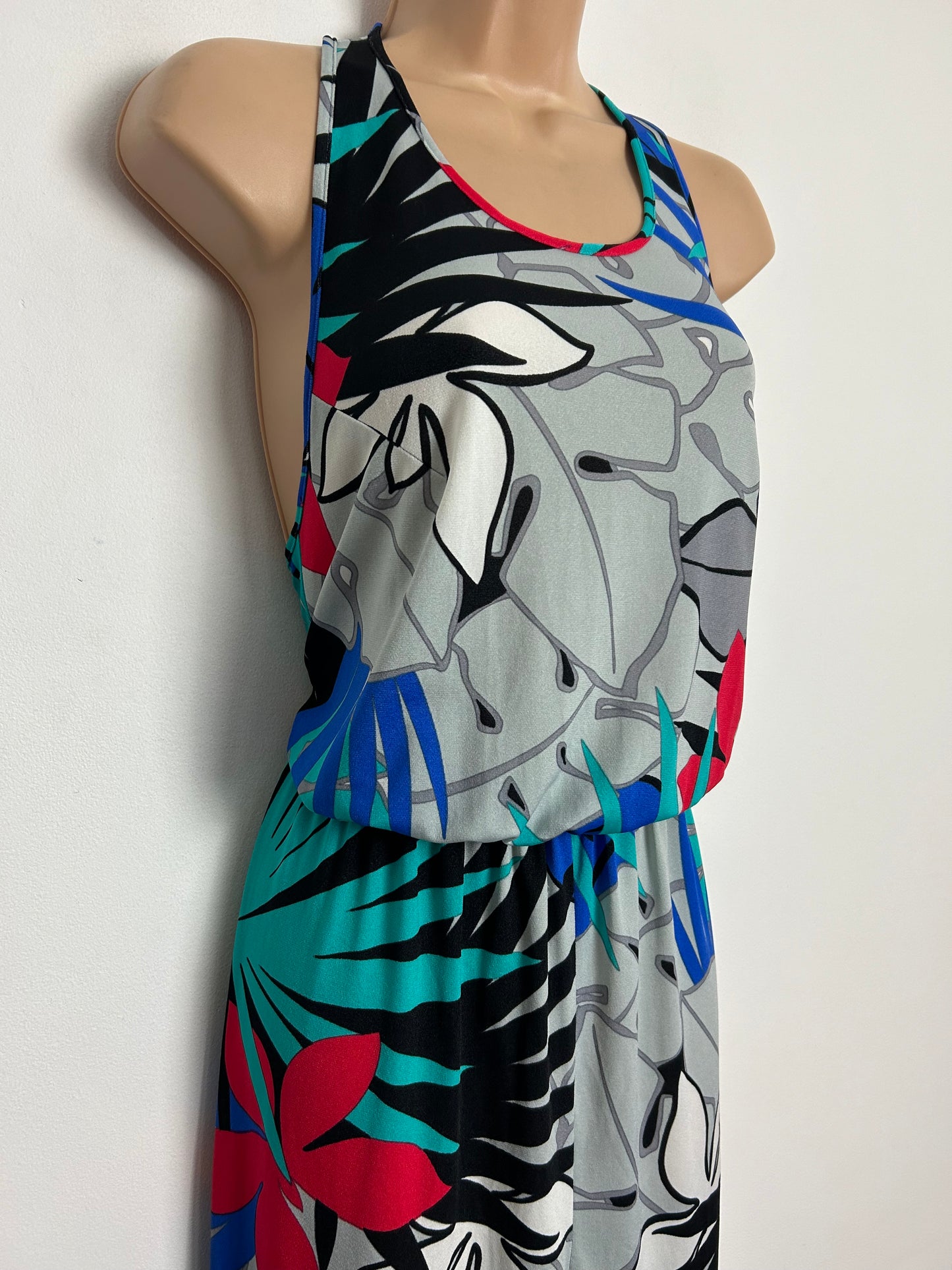 Vintage Late 1970s UK Size 10 Bleyle Grey Blue Turquoise & Red Tropical Leaf Print Cage Back Wide Leg Jumpsuit