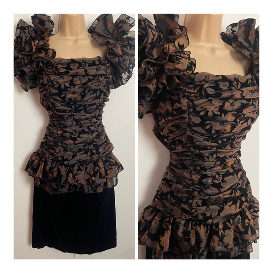 Vintage 1980s YESSICA UK Size 12 Black & Bronze Velvet Flock Ruffled Sleeve Party Prom Cocktail Dress