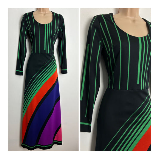 Vintage 1970s UK Size 10 Black Orange Pink Purple & Green Stripe Print Long Sleeve Maxi Dress
