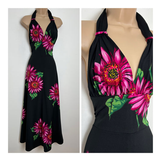 Vintage 1970s Italian Size 10 Black & Pink Bold Floral Print Halter Neck Maxi Dress