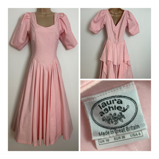 Vintage 1980s LAURA ASHLEY Size 6 (Size 10 On Label) Pink Bustle Back Ballgown Prom Dress