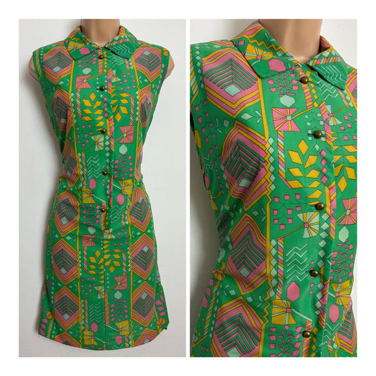 Vintage 1960s Size 8 Green Orange & Pink Abstract Print Sleeveless Mod Shift Dress