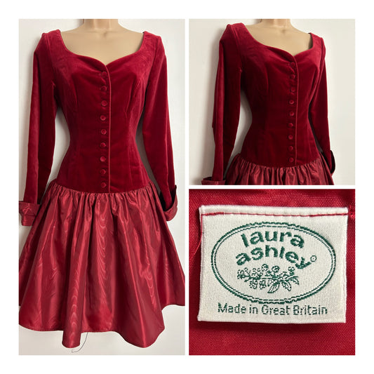 Vintage 1980s LAURA ASHLEY UK Size 6/8 (UK Size 10 On Label) Red Velvet & Moire Acetate Xmas Party Prom Dress