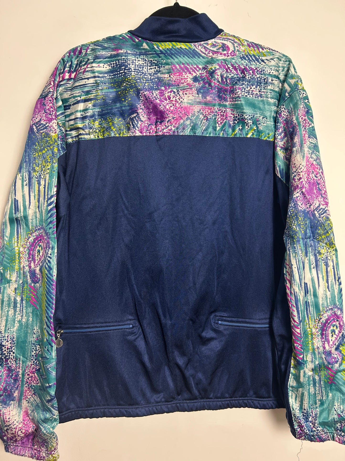 Vintage 1980s Up To Size 14 Italian CASTELLI Blue Turquoise & Pink Paisley Print Zip Fronted Activewear Cycling Top